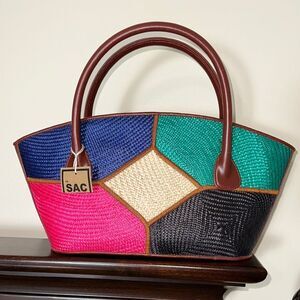 Le SAC Brown Multi Leather Straw Combo Satchel Bag Purse